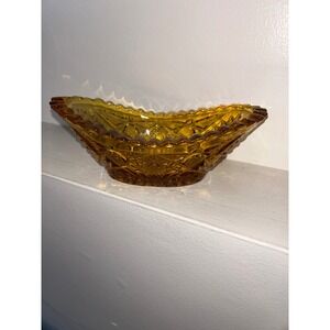 Vintage Amber Glass Oval Bowl Starburst Diamond Cut Scalloped Sawtooth Edge